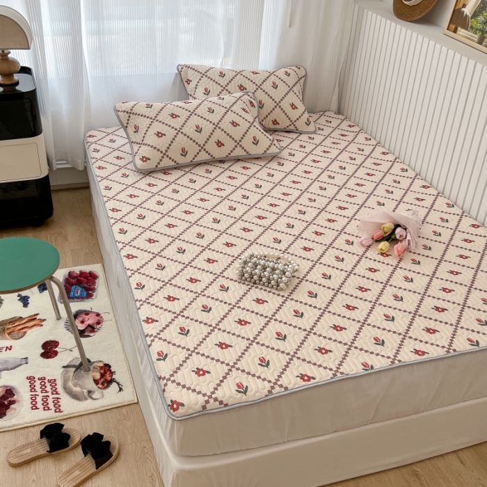 91家纺网 家纺一手货源 找家纺 昔可 2022新款ins风小清新床笠款乳胶凉席三件套 床笠款-菱形小花-红