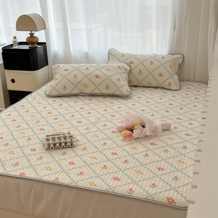 91家纺网 家纺一手货源 找家纺 昔可 2022新款ins风小清新床笠款乳胶凉席三件套 床笠款-菱形小花浅蓝