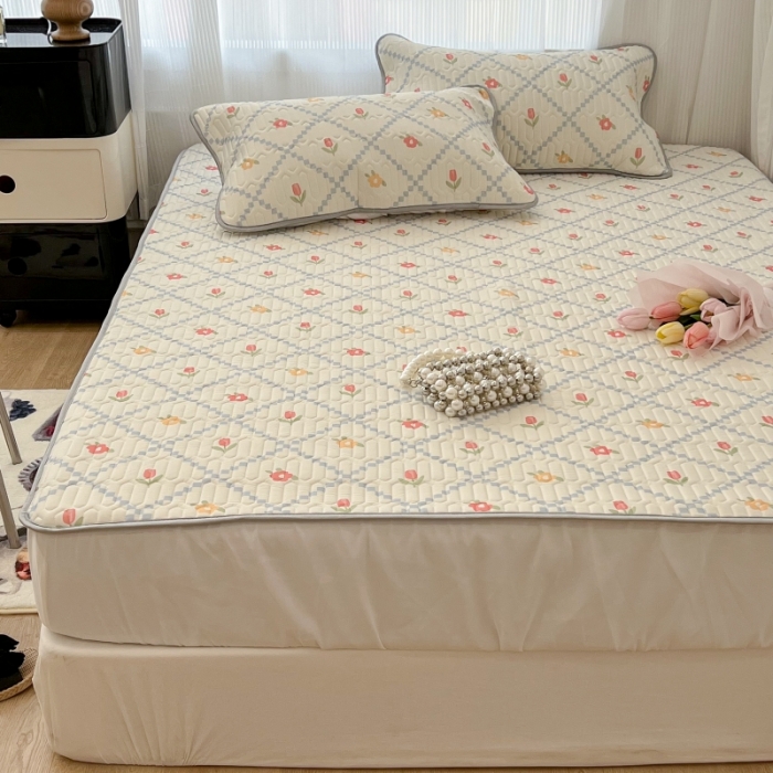 91家纺网 家纺一手货源 找家纺 昔可 2022新款ins风小清新床笠款乳胶凉席三件套 床笠款-菱形小花浅蓝