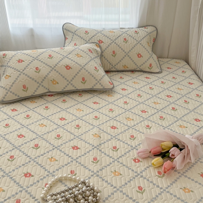 91家纺网 家纺一手货源 找家纺 昔可 2022新款ins风小清新床笠款乳胶凉席三件套 床笠款-菱形小花浅蓝