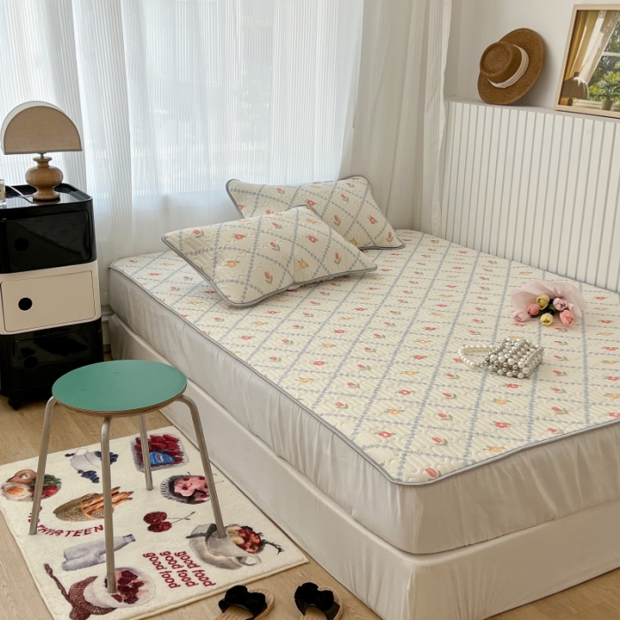 91家纺网 家纺一手货源 找家纺 昔可 2022新款ins风小清新床笠款乳胶凉席三件套 床笠款-菱形小花浅蓝