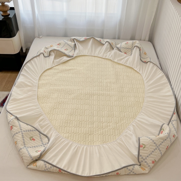 91家纺网 家纺一手货源 找家纺 昔可 2022新款ins风小清新床笠款乳胶凉席三件套 床笠款-菱形小花浅蓝