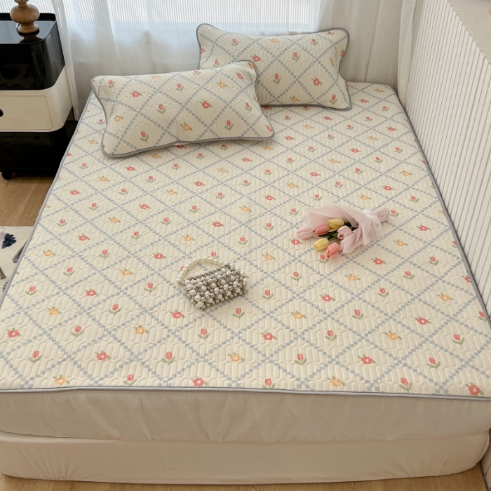 91家纺网 家纺一手货源 找家纺 昔可 2022新款ins风小清新床笠款乳胶凉席三件套 床笠款-菱形小花浅蓝