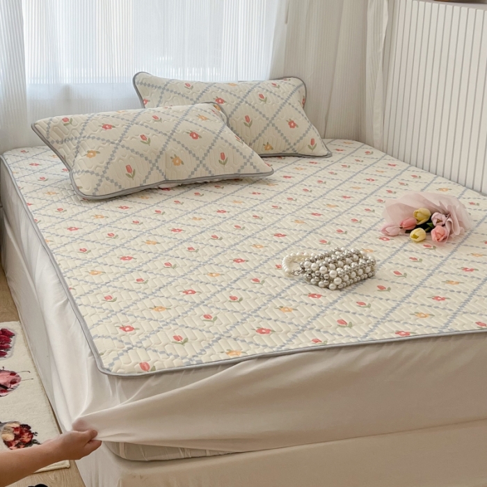 91家纺网 家纺一手货源 找家纺 昔可 2022新款ins风小清新床笠款乳胶凉席三件套 床笠款-菱形小花浅蓝