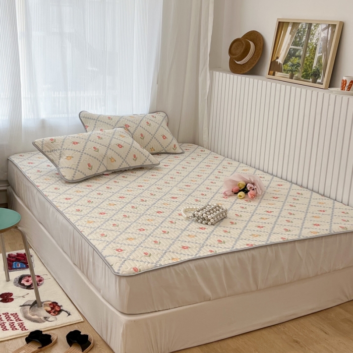 91家纺网 家纺一手货源 找家纺 昔可 2022新款ins风小清新床笠款乳胶凉席三件套 床笠款-菱形小花浅蓝