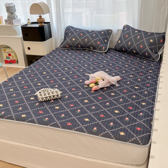 91家纺网 家纺一手货源 找家纺 昔可 2022新款ins风小清新床笠款乳胶凉席三件套 床笠款-菱形小花深蓝