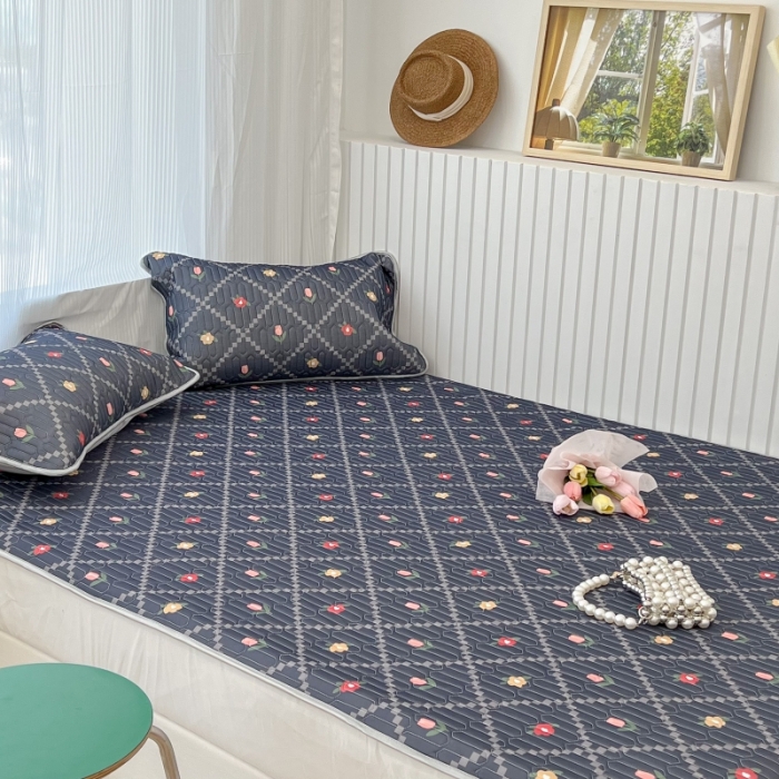 91家纺网 家纺一手货源 找家纺 昔可 2022新款ins风小清新床笠款乳胶凉席三件套 床笠款-菱形小花深蓝
