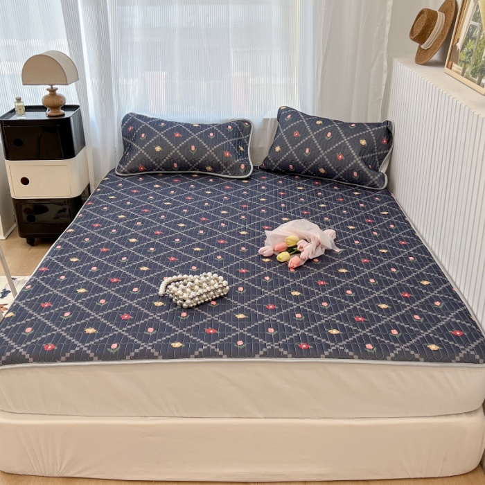 91家纺网 家纺一手货源 找家纺 昔可 2022新款ins风小清新床笠款乳胶凉席三件套 床笠款-菱形小花深蓝