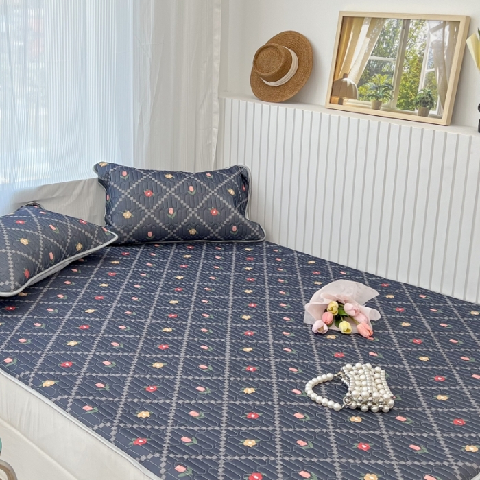 91家纺网 家纺一手货源 找家纺 昔可 2022新款ins风小清新床笠款乳胶凉席三件套 床笠款-菱形小花深蓝