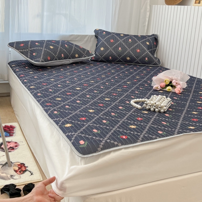 91家纺网 家纺一手货源 找家纺 昔可 2022新款ins风小清新床笠款乳胶凉席三件套 床笠款-菱形小花深蓝