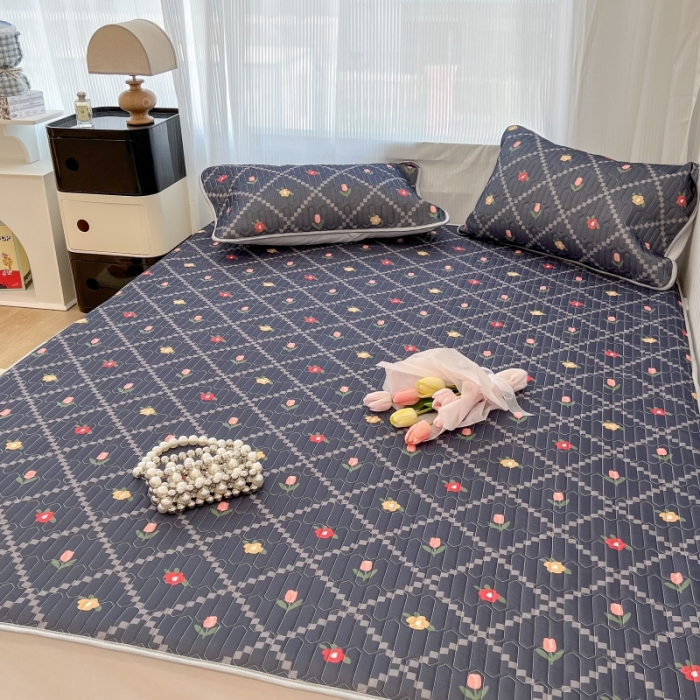 91家纺网 家纺一手货源 找家纺 昔可 2022新款ins风小清新床笠款乳胶凉席三件套 床笠款-菱形小花深蓝