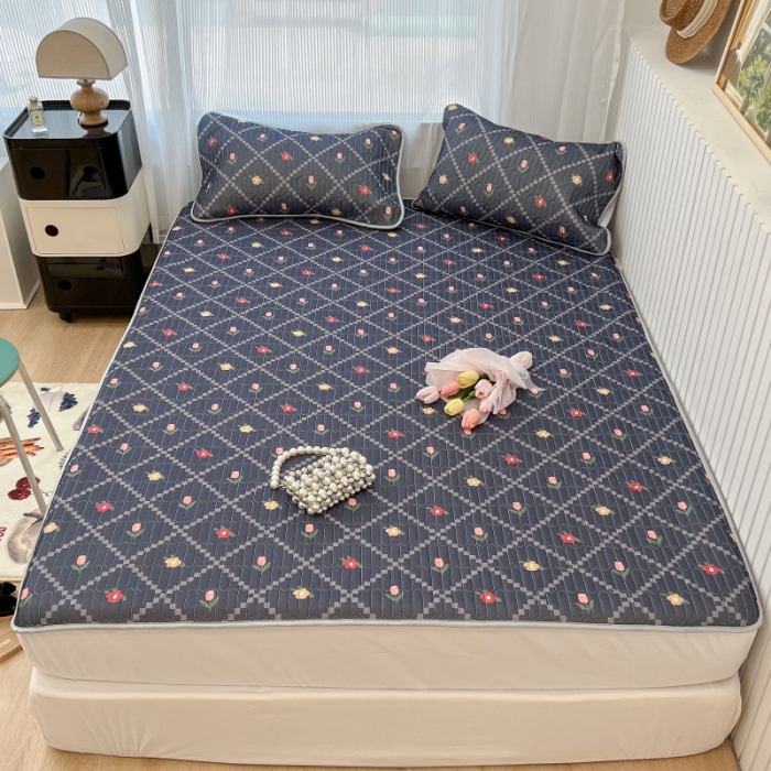 91家纺网 家纺一手货源 找家纺 昔可 2022新款ins风小清新床笠款乳胶凉席三件套 床笠款-菱形小花深蓝