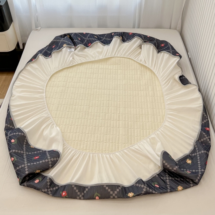 91家纺网 家纺一手货源 找家纺 昔可 2022新款ins风小清新床笠款乳胶凉席三件套 床笠款-菱形小花深蓝