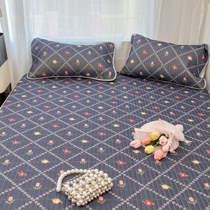 91家纺网 家纺一手货源 找家纺 昔可 2022新款ins风小清新床笠款乳胶凉席三件套 床笠款-菱形小花深蓝
