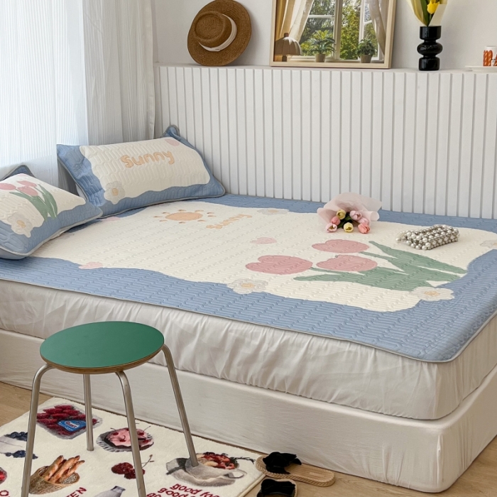 91家纺网 家纺一手货源 找家纺 昔可 2022新款ins风小清新床笠款乳胶凉席三件套 床笠款-夏日郁金香