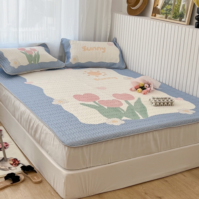 91家纺网 家纺一手货源 找家纺 昔可 2022新款ins风小清新床笠款乳胶凉席三件套 床笠款-夏日郁金香