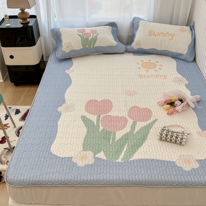 91家纺网 家纺一手货源 找家纺 昔可 2022新款ins风小清新床笠款乳胶凉席三件套 床笠款-夏日郁金香