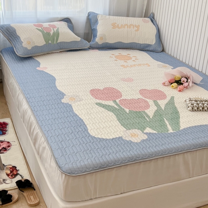 91家纺网 家纺一手货源 找家纺 昔可 2022新款ins风小清新床笠款乳胶凉席三件套 床笠款-夏日郁金香