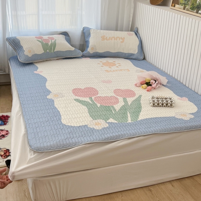 91家纺网 家纺一手货源 找家纺 昔可 2022新款ins风小清新床笠款乳胶凉席三件套 床笠款-夏日郁金香