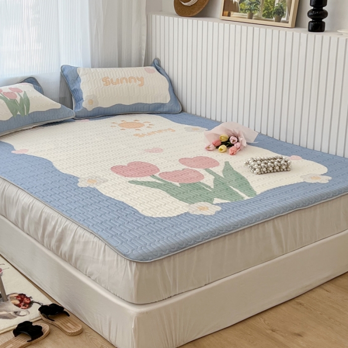 91家纺网 家纺一手货源 找家纺 昔可 2022新款ins风小清新床笠款乳胶凉席三件套 床笠款-夏日郁金香