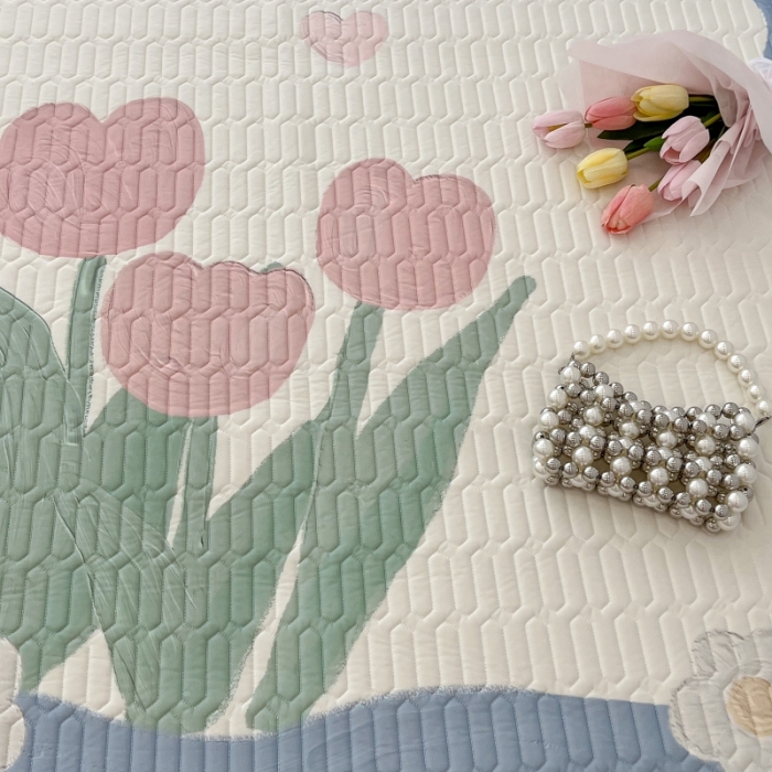 91家纺网 家纺一手货源 找家纺 昔可 2022新款ins风小清新床笠款乳胶凉席三件套 床笠款-夏日郁金香