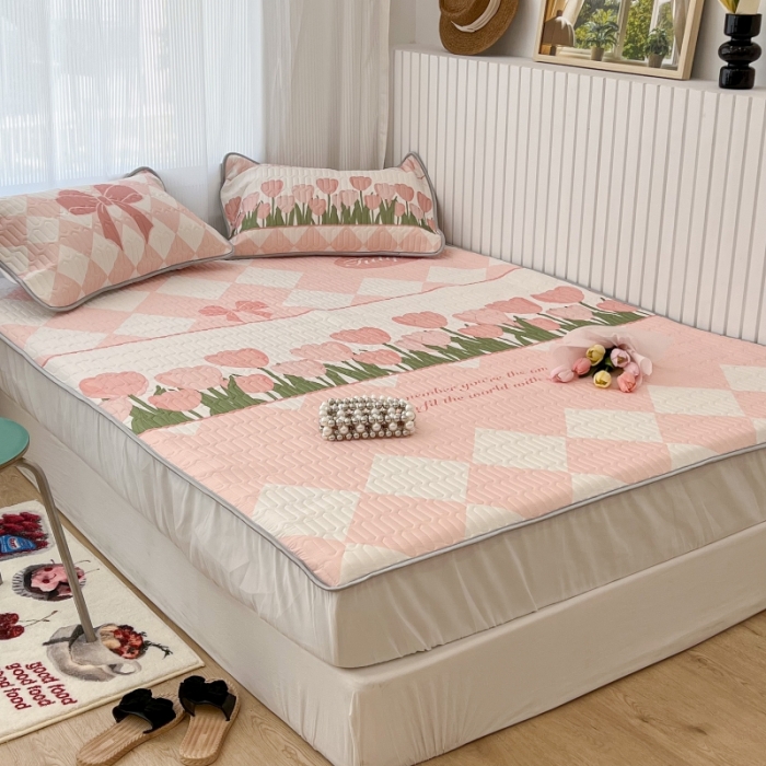 91家纺网 家纺一手货源 找家纺 昔可 2022新款ins风小清新床笠款乳胶凉席三件套 床笠款-郁金朵朵