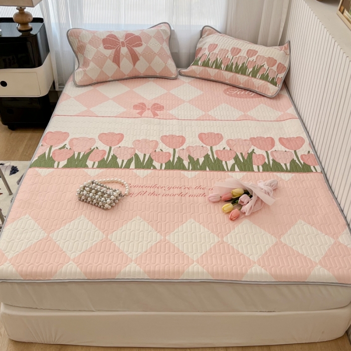 91家纺网 家纺一手货源 找家纺 昔可 2022新款ins风小清新床笠款乳胶凉席三件套 床笠款-郁金朵朵