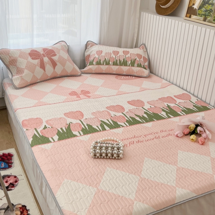 91家纺网 家纺一手货源 找家纺 昔可 2022新款ins风小清新床笠款乳胶凉席三件套 床笠款-郁金朵朵