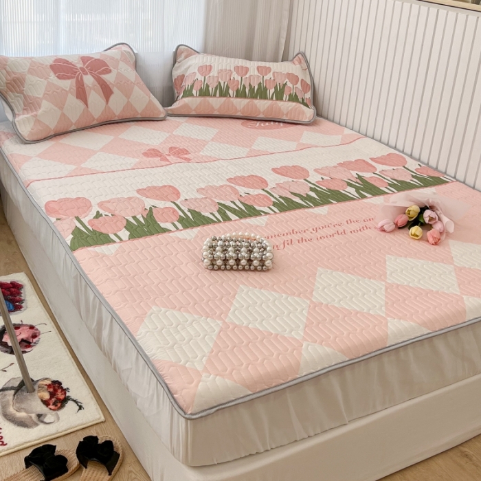 91家纺网 家纺一手货源 找家纺 昔可 2022新款ins风小清新床笠款乳胶凉席三件套 床笠款-郁金朵朵