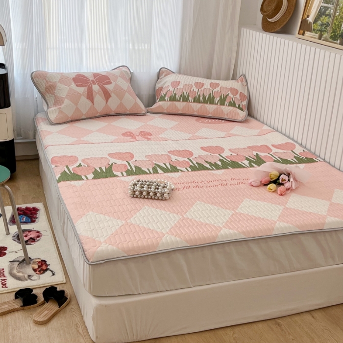 91家纺网 家纺一手货源 找家纺 昔可 2022新款ins风小清新床笠款乳胶凉席三件套 床笠款-郁金朵朵