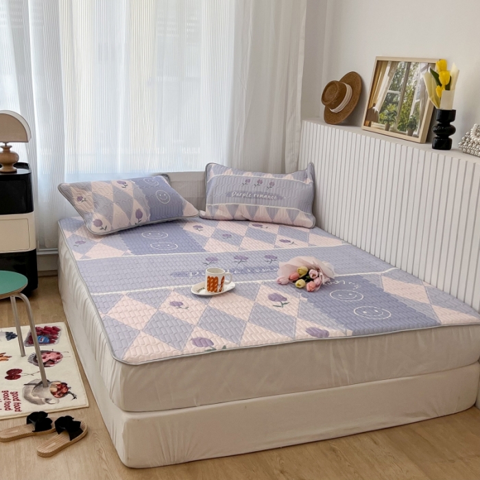 91家纺网 家纺一手货源 找家纺 昔可 2022新款ins风小清新床笠款乳胶凉席三件套 床笠款-紫色半夏