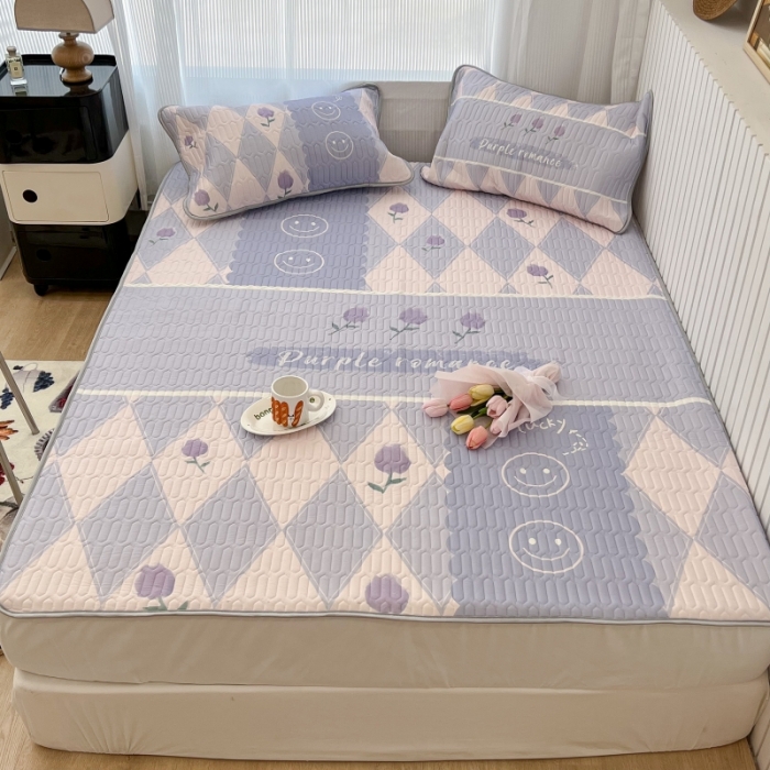 91家纺网 家纺一手货源 找家纺 昔可 2022新款ins风小清新床笠款乳胶凉席三件套 床笠款-紫色半夏