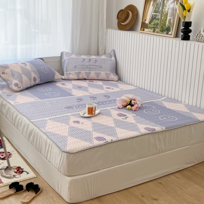 91家纺网 家纺一手货源 找家纺 昔可 2022新款ins风小清新床笠款乳胶凉席三件套 床笠款-紫色半夏