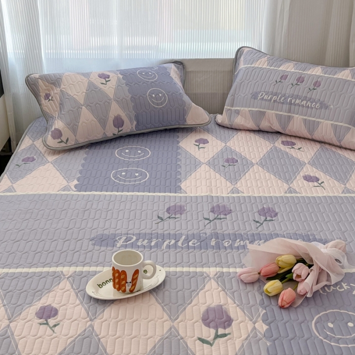 91家纺网 家纺一手货源 找家纺 昔可 2022新款ins风小清新床笠款乳胶凉席三件套 床笠款-紫色半夏