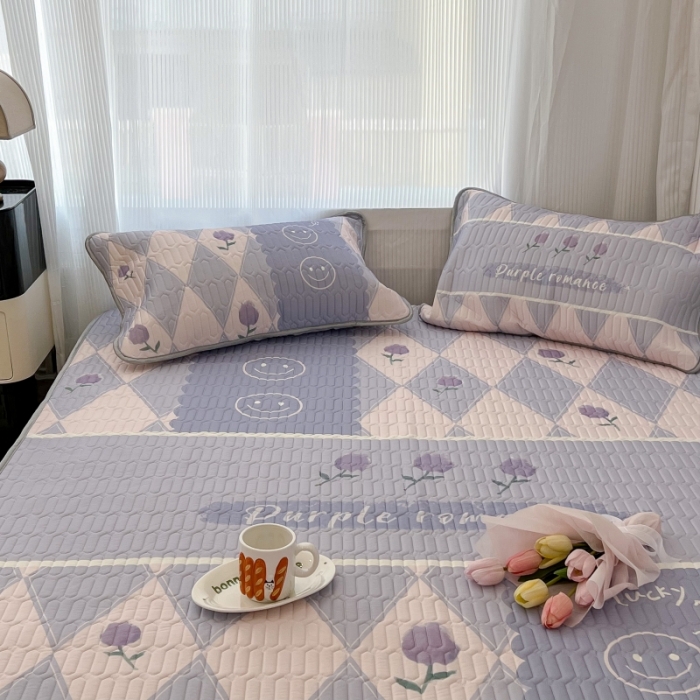91家纺网 家纺一手货源 找家纺 昔可 2022新款ins风小清新床笠款乳胶凉席三件套 床笠款-紫色半夏