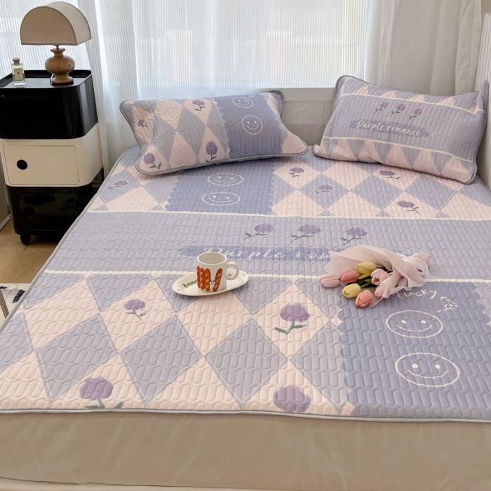 91家纺网 家纺一手货源 找家纺 昔可 2022新款ins风小清新床笠款乳胶凉席三件套 床笠款-紫色半夏