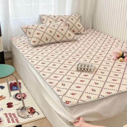 昔可 2022新款ins风小清新床笠款乳胶凉席三件套 床笠款-菱形小花-红