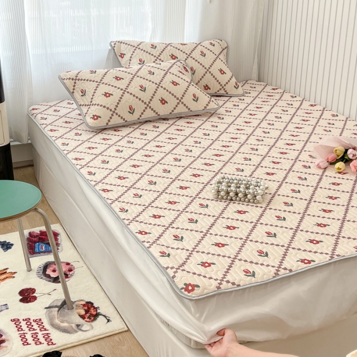 91家纺网 家纺一手货源 找家纺 昔可 2022新款ins风小清新床笠款乳胶凉席三件套 床笠款-菱形小花-红