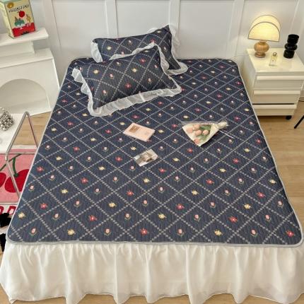 91家纺网 家纺一手货源 找家纺 昔可 2022新款ins风小清新床裙款乳胶凉席三件套 床裙款-菱形小花深蓝