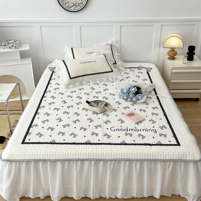 91家纺网 家纺一手货源 找家纺 昔可 2022新款ins风小清新床裙款乳胶凉席三件套 床裙款-法式赫本蝴蝶结