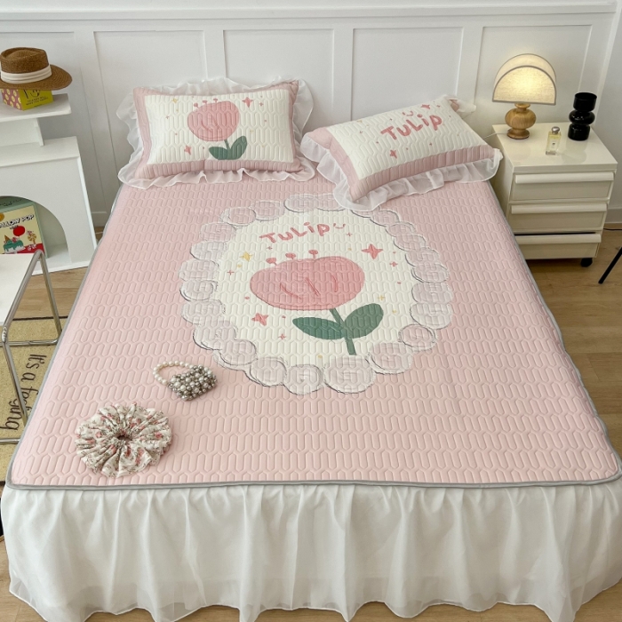 91家纺网 家纺一手货源 找家纺 昔可 2022新款ins风小清新床裙款乳胶凉席三件套 床裙款-粉圈郁金香