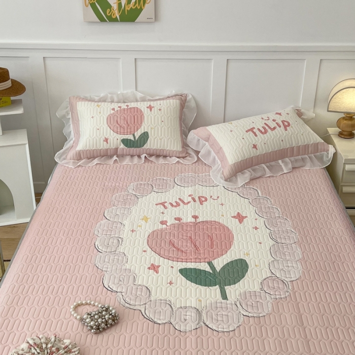 91家纺网 家纺一手货源 找家纺 昔可 2022新款ins风小清新床裙款乳胶凉席三件套 床裙款-粉圈郁金香