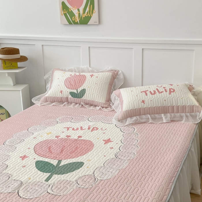 91家纺网 家纺一手货源 找家纺 昔可 2022新款ins风小清新床裙款乳胶凉席三件套 床裙款-粉圈郁金香