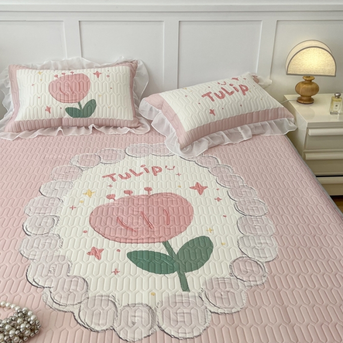 91家纺网 家纺一手货源 找家纺 昔可 2022新款ins风小清新床裙款乳胶凉席三件套 床裙款-粉圈郁金香