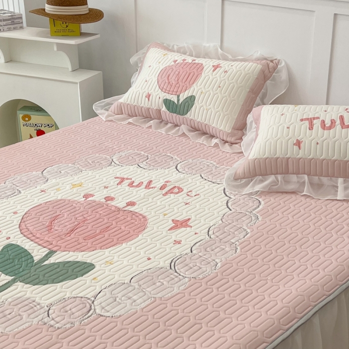 91家纺网 家纺一手货源 找家纺 昔可 2022新款ins风小清新床裙款乳胶凉席三件套 床裙款-粉圈郁金香