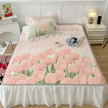 昔可 2022新款ins风小清新床裙款乳胶凉席三件套 床裙款-粉色仙本娜