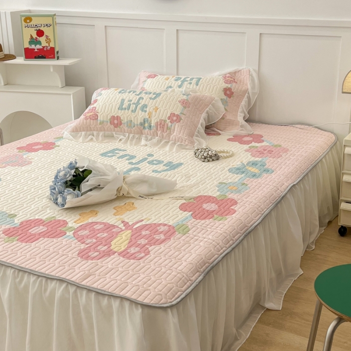 91家纺网 家纺一手货源 找家纺 昔可 2022新款ins风小清新床裙款乳胶凉席三件套 床裙款-蝴蝶画框