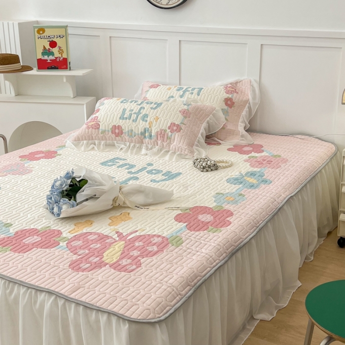 91家纺网 家纺一手货源 找家纺 昔可 2022新款ins风小清新床裙款乳胶凉席三件套 床裙款-蝴蝶画框