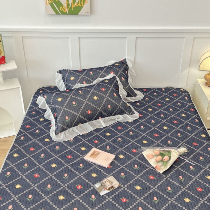 91家纺网 家纺一手货源 找家纺 昔可 2022新款ins风小清新床裙款乳胶凉席三件套 床裙款-菱形小花深蓝