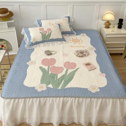 昔可 2022新款ins风小清新床裙款乳胶凉席三件套 床裙款-夏日郁金香